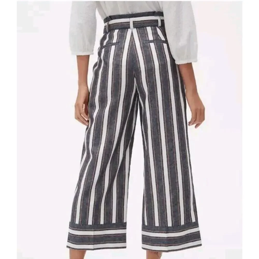 Banana Republic 0 Women LINEN Pants‎ Wide Leg Crop High Rise Striped Blue